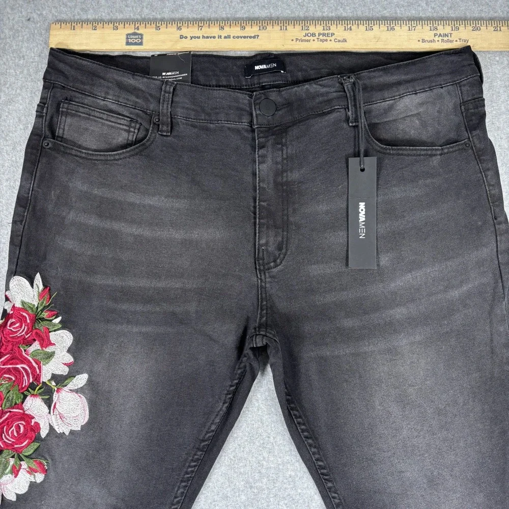 Fashion Nova Rosey Embroidered Stacked Skinny Jeans Mens 38 Black